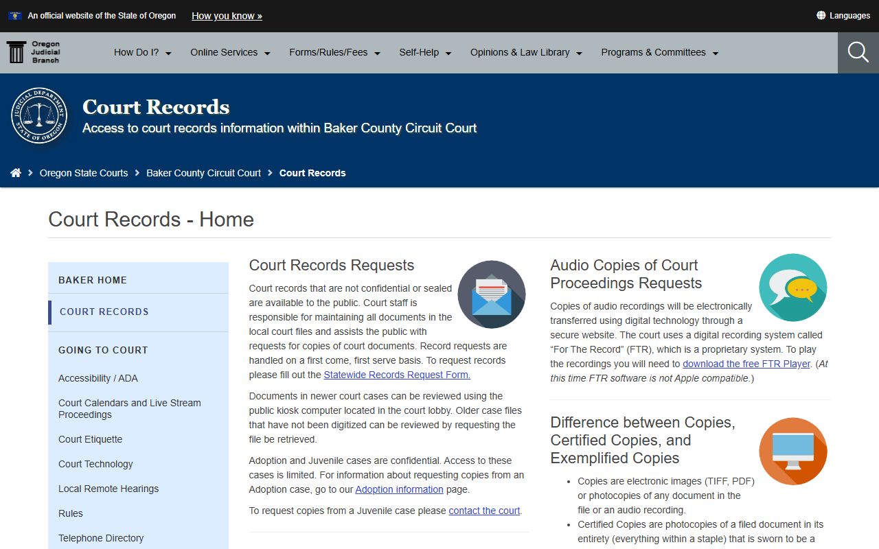 Baker County court records page for criminal court records in Baker County Oregon