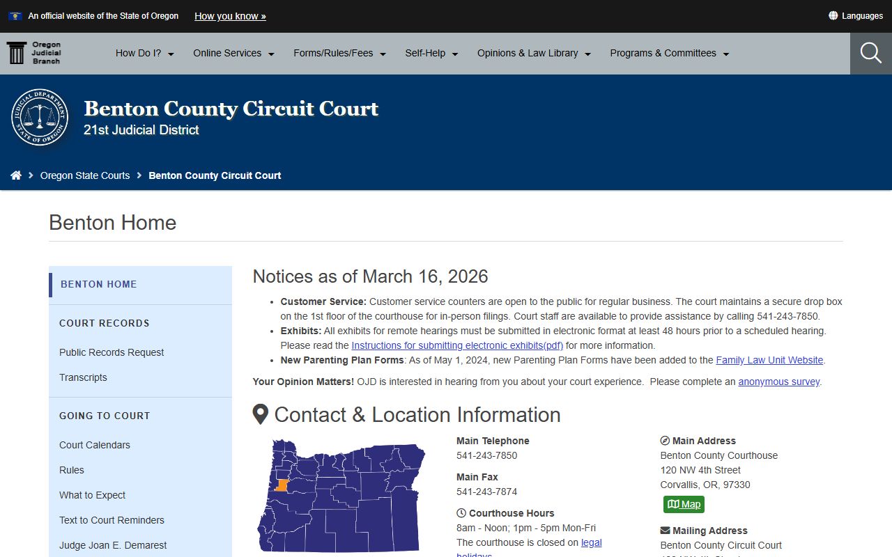 Benton County Circuit Court website for criminal court records in Benton County Oregon