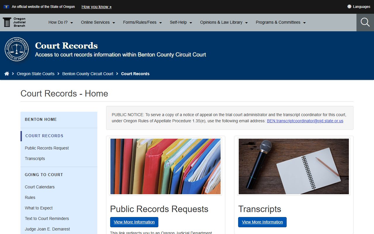 Benton County records request page for criminal court records in Benton County Oregon