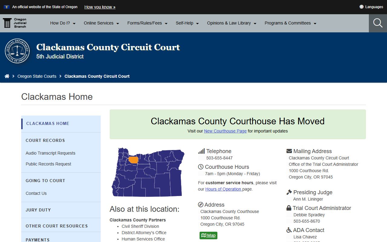 Clackamas County Circuit Court website for criminal court records in Clackamas County Oregon