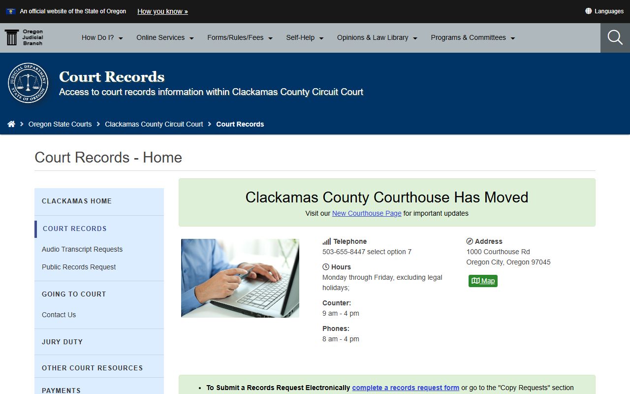 Clackamas County records request page for criminal court records in Clackamas County Oregon
