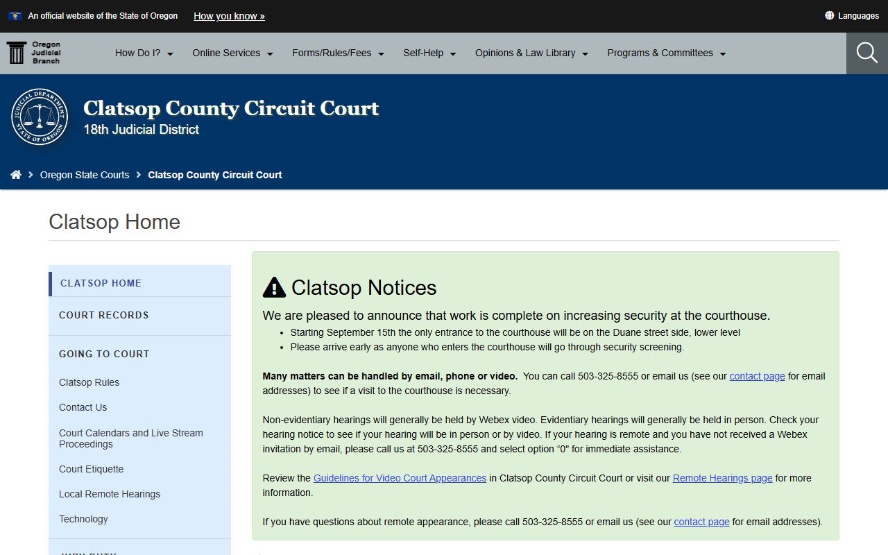 Clatsop County Circuit Court website for criminal court records in Clatsop County Oregon