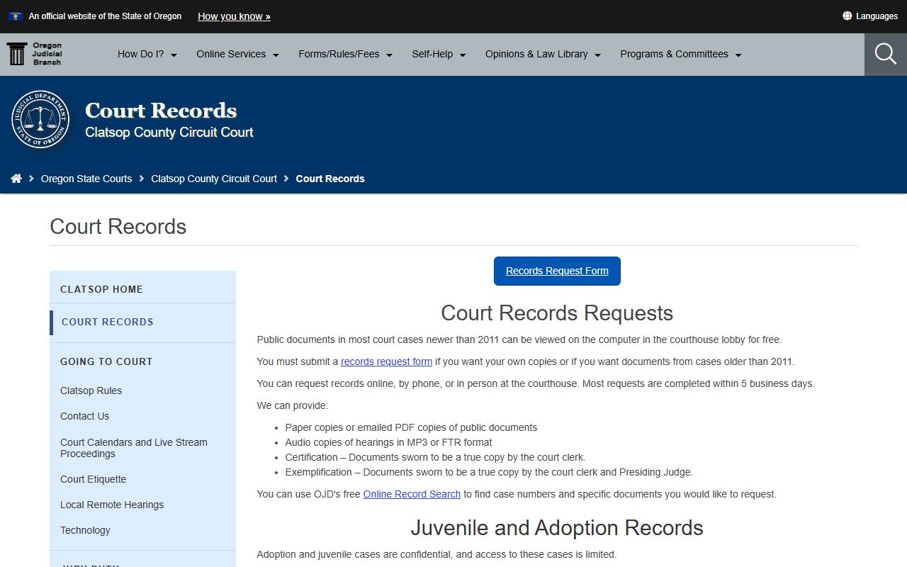 Clatsop County records request page for criminal court records in Clatsop County Oregon