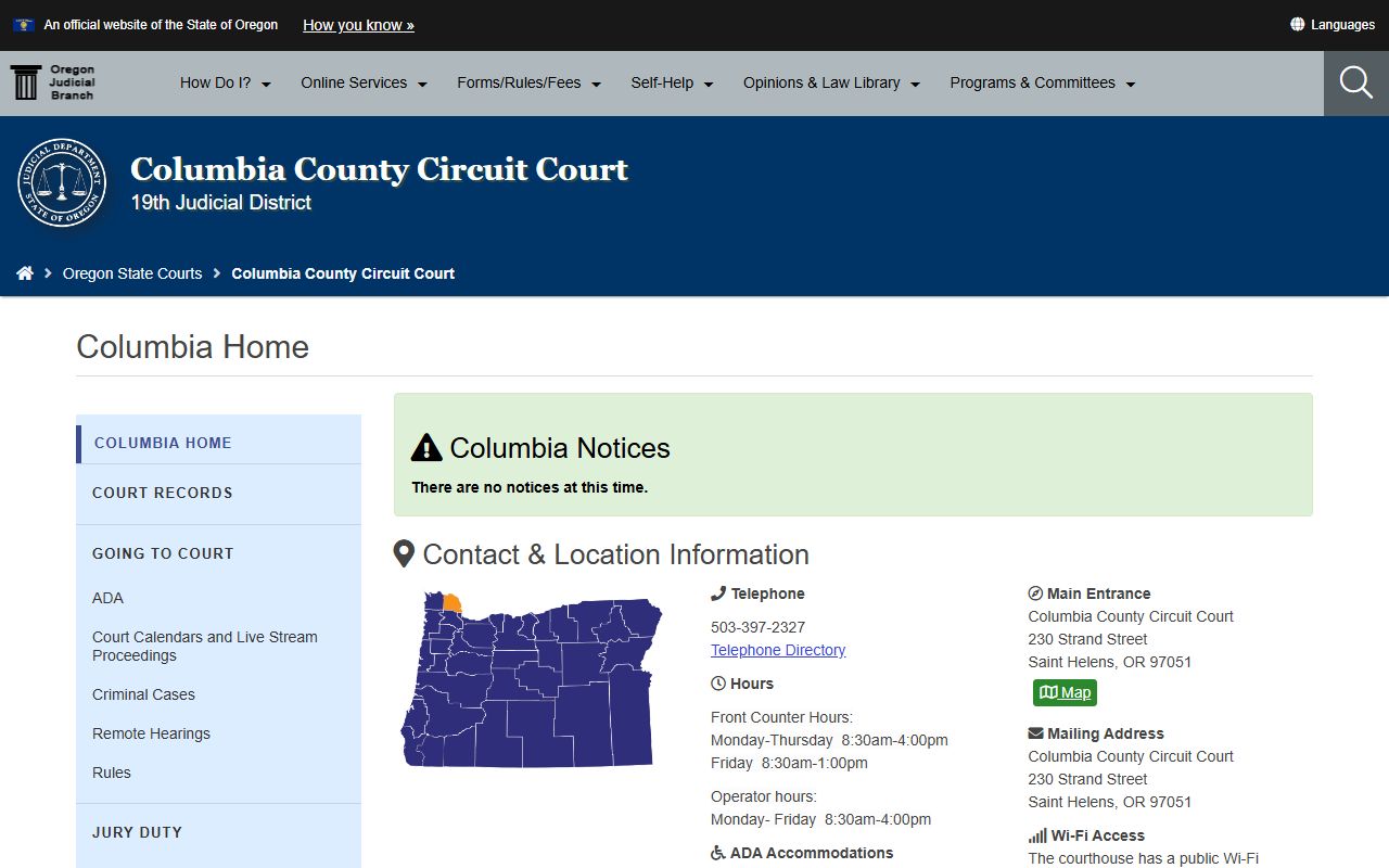 Columbia County Circuit Court website for criminal court records in Columbia County Oregon