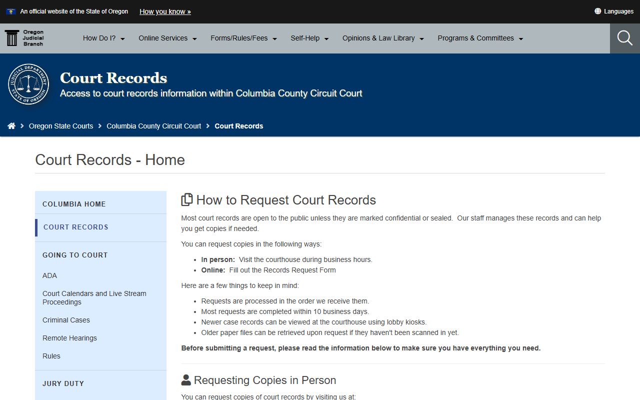 Columbia County records request page for criminal court records in Columbia County Oregon