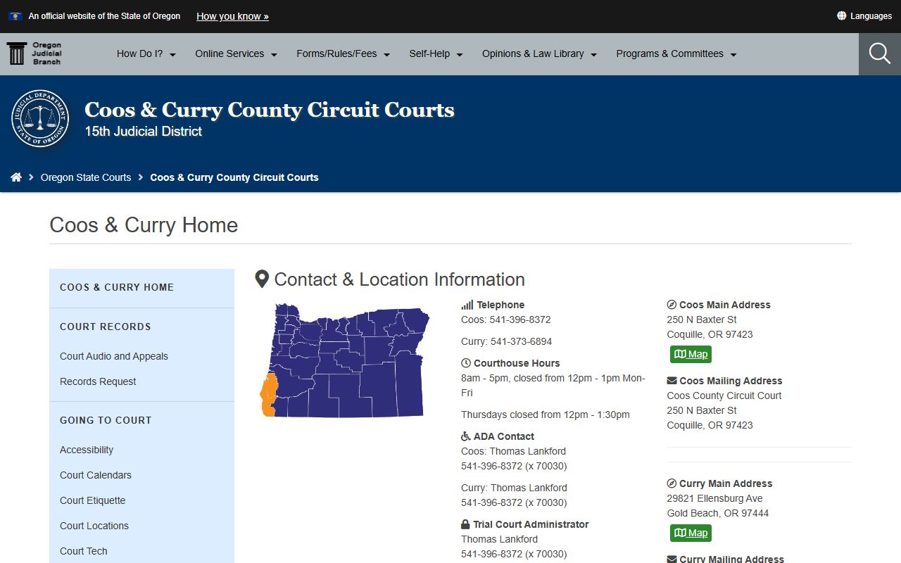 Coos County Circuit Court website for criminal court records in Coos County Oregon