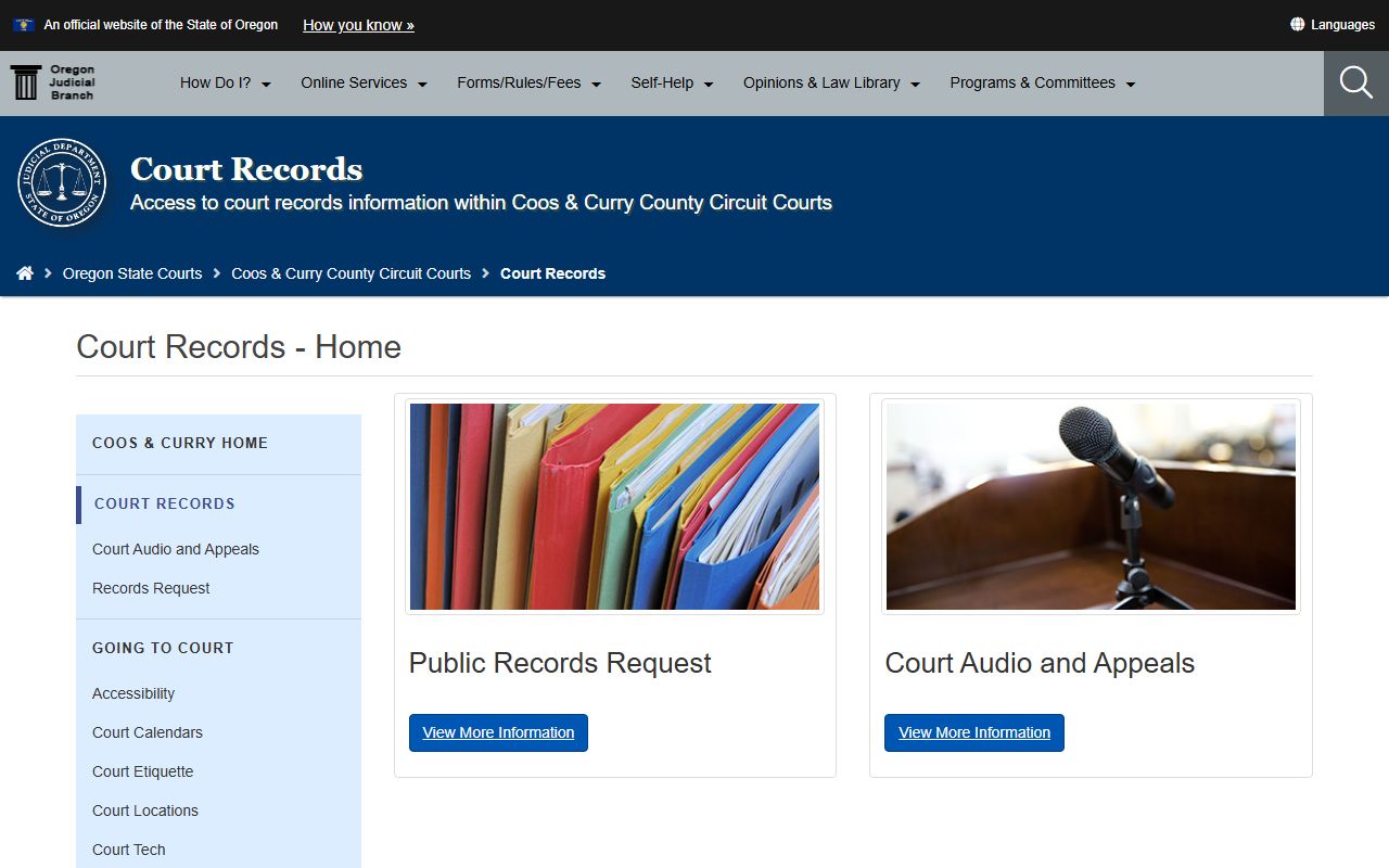 Coos County records request page for criminal court records in Coos County Oregon