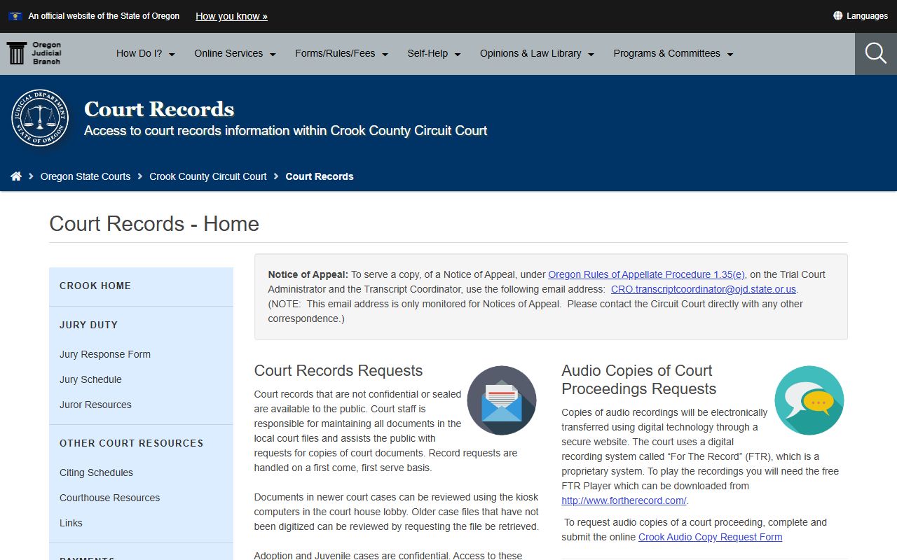 Crook County criminal court records page on Oregon courts website