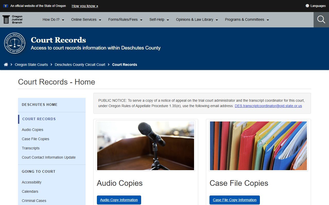 Deschutes County criminal court records request page on Oregon courts site