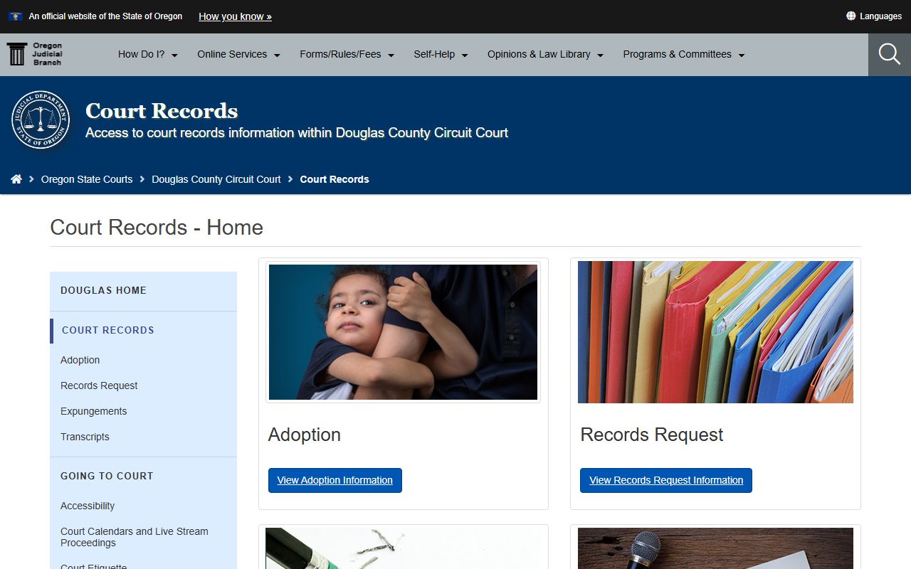 Douglas County criminal court records request page on Oregon courts website