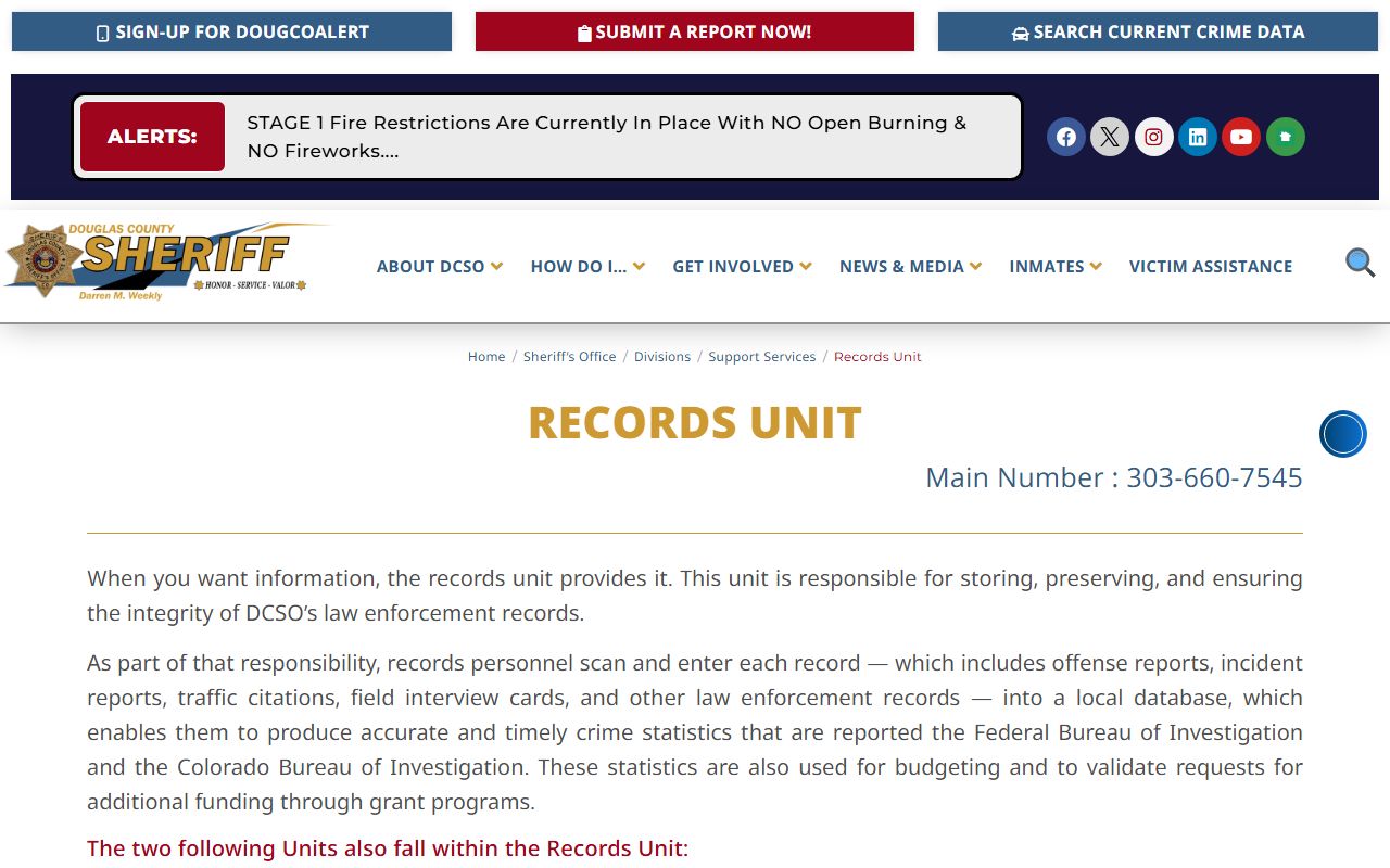Douglas County Sheriff records page for criminal court records requests