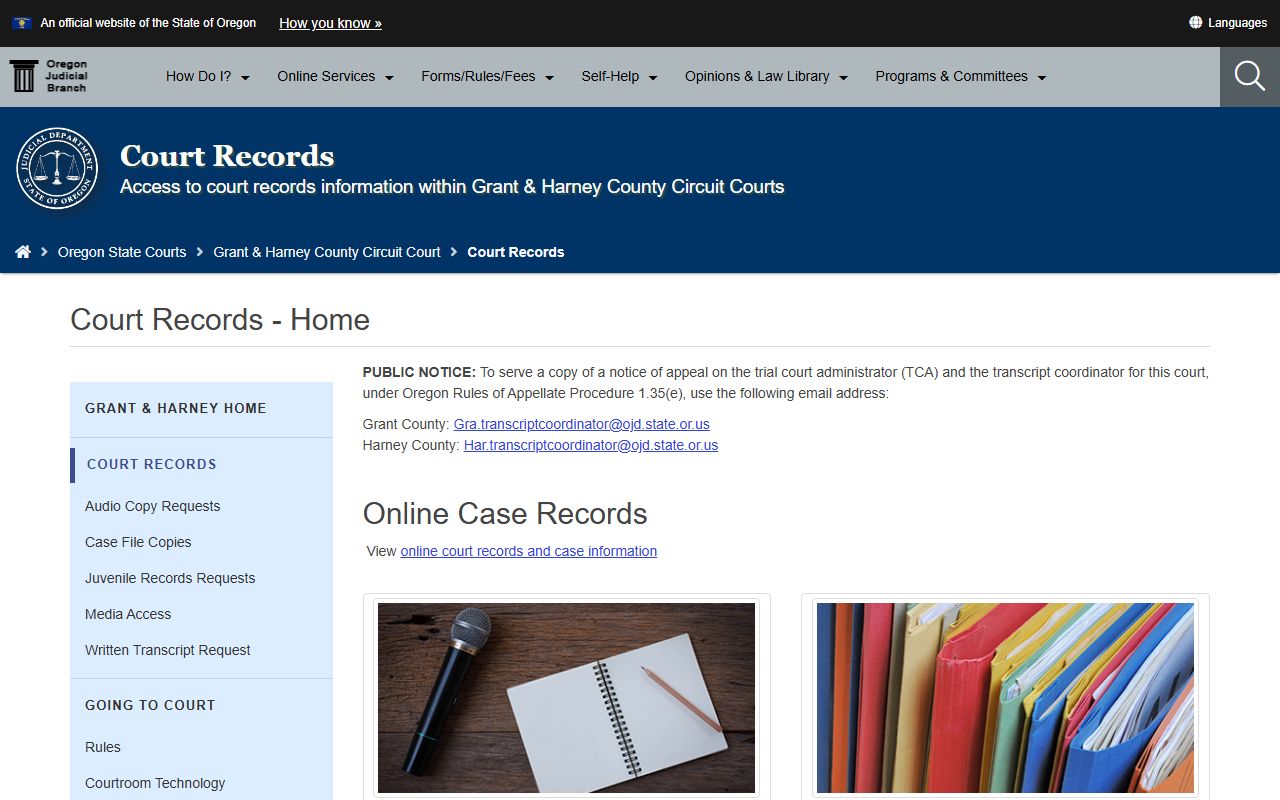 Grant County criminal court records request page on Oregon courts website