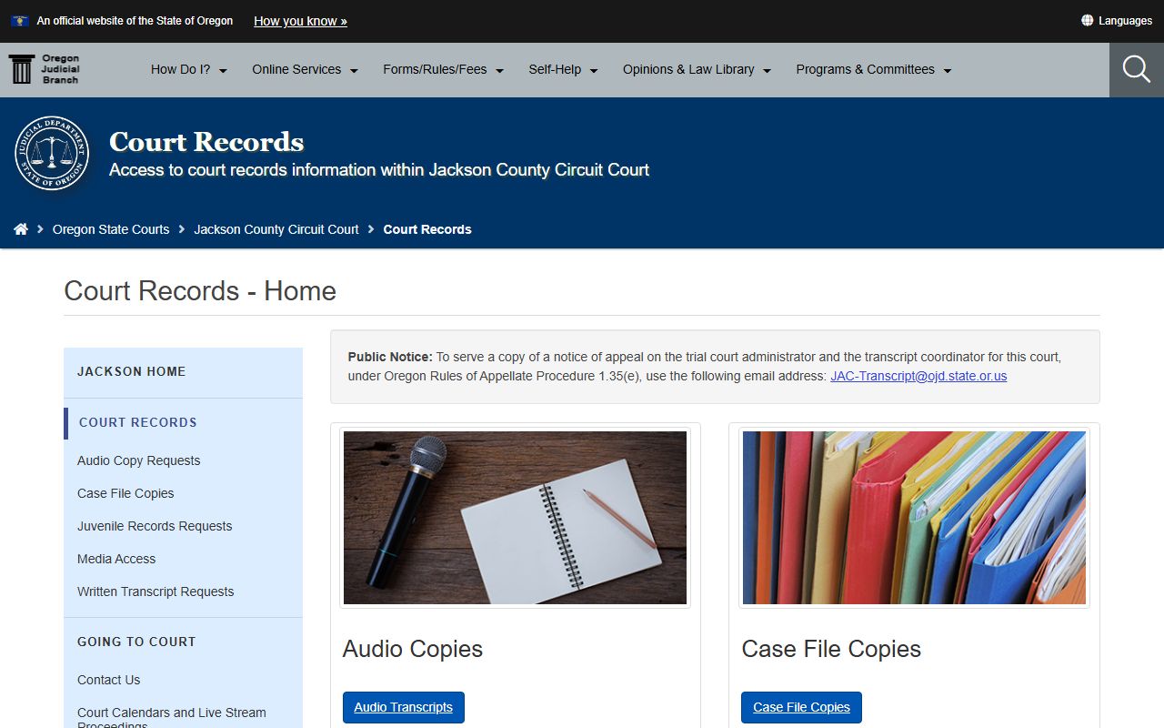 Jackson County records request page for Jackson County criminal court records
