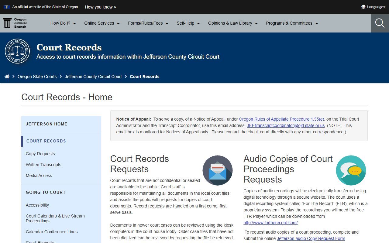 Jefferson County records request page for Jefferson County criminal court records