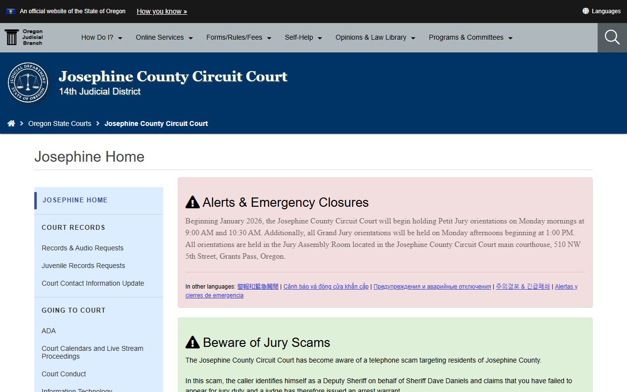 Josephine County Circuit Court page for Josephine County criminal court records