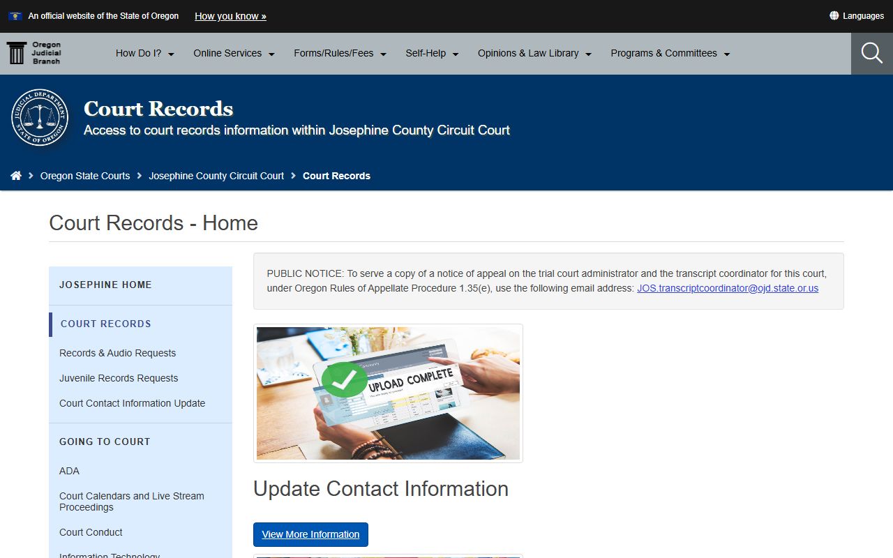 Josephine County records page for Josephine County criminal court records