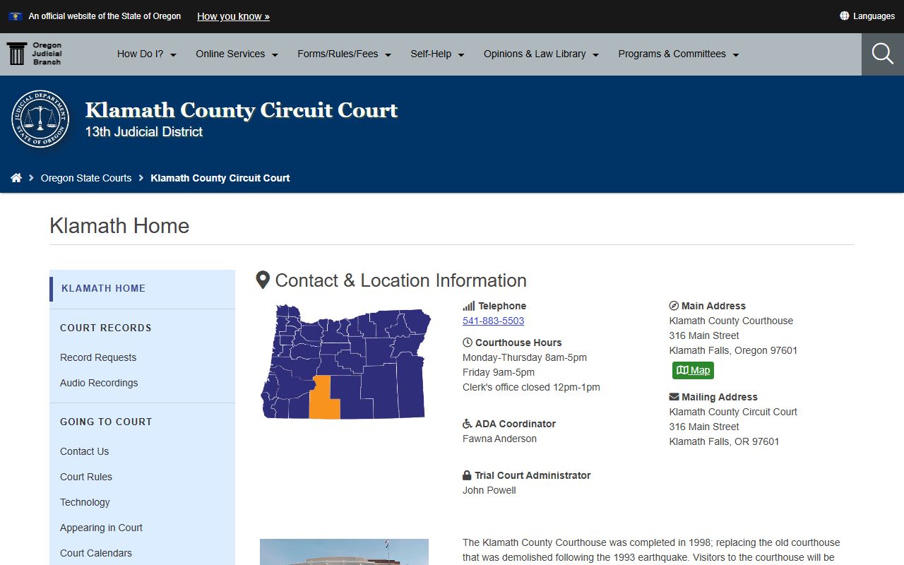 Klamath County Circuit Court page for Klamath County criminal court records