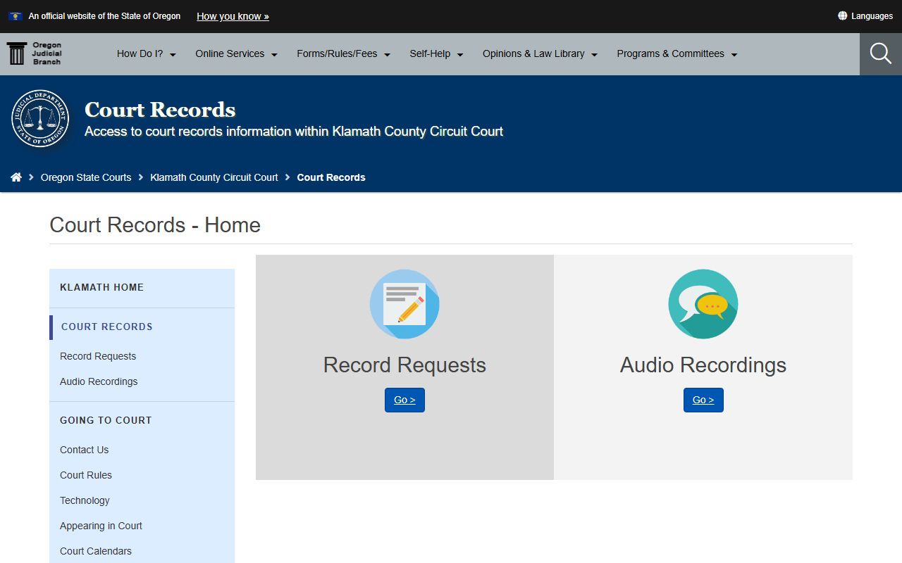 Klamath County records page for Klamath County criminal court records