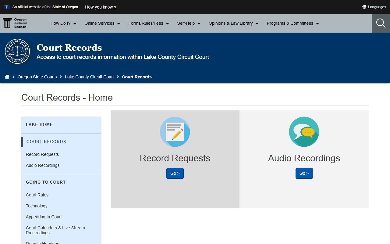 Lake County court records request page for criminal court records in Lake County Oregon