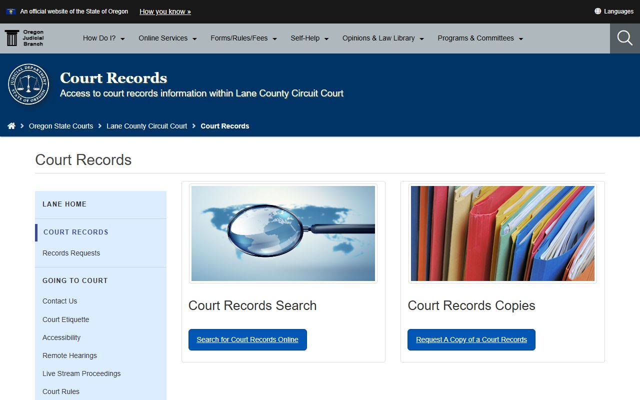 Lane County court records request page for criminal court records in Lane County Oregon