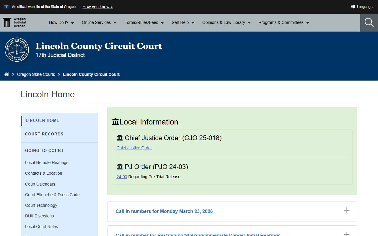 Lincoln County Circuit Court page for criminal court records in Lincoln County Oregon