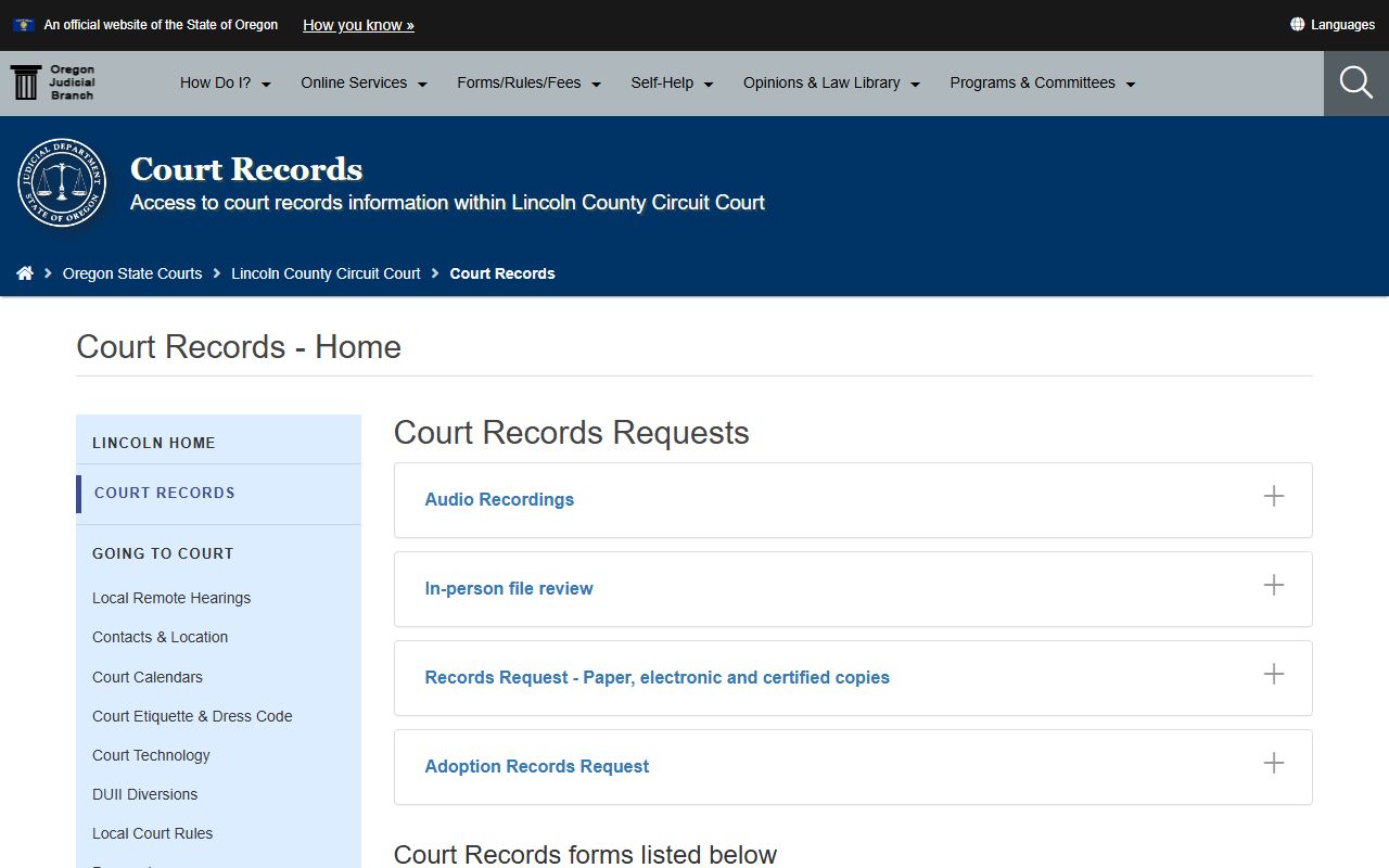 Lincoln County court records page for criminal court records in Lincoln County Oregon