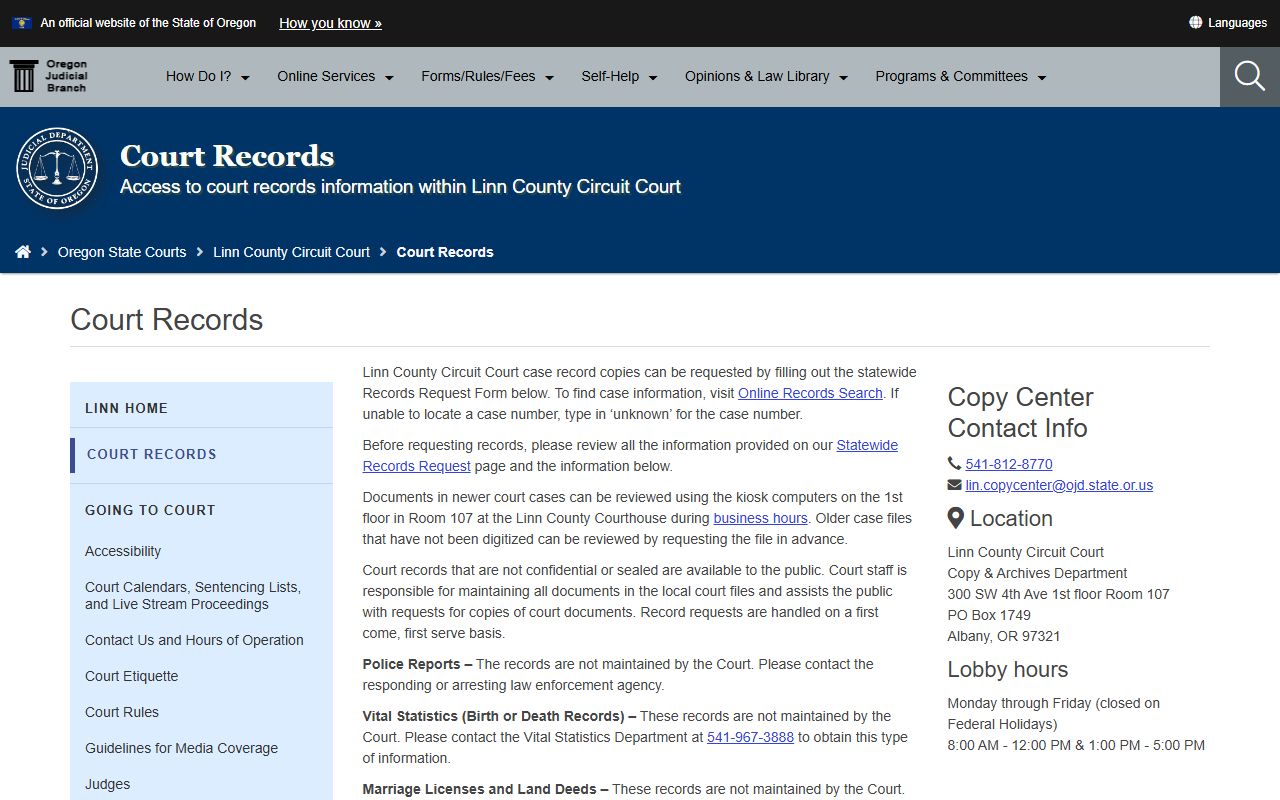 Linn County court records request page for criminal court records in Linn County Oregon