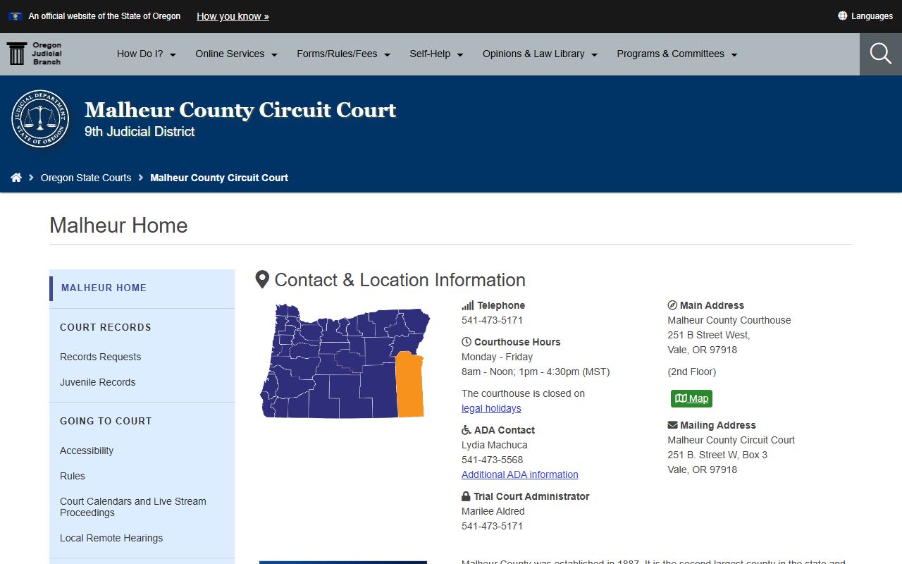 Malheur County Circuit Court page for criminal court records in Malheur County Oregon
