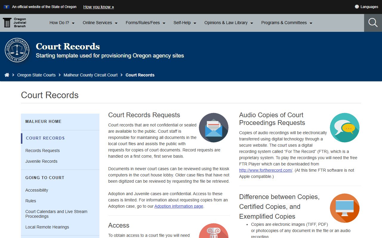 Malheur County court records page for criminal court records in Malheur County Oregon