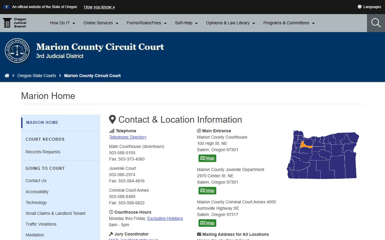 Marion County Circuit Court page for criminal court records in Marion County Oregon
