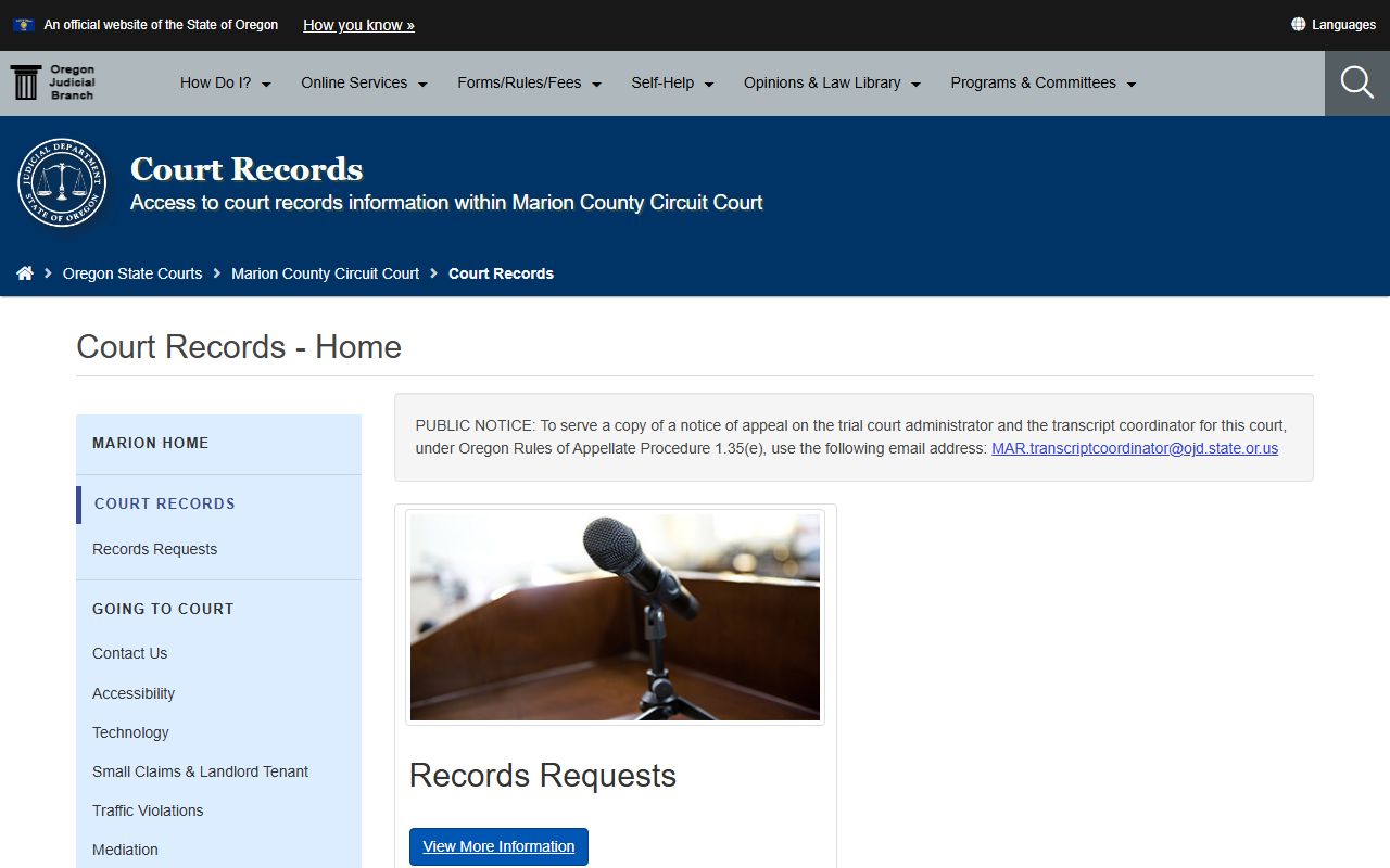 Marion County court records request page for criminal court records in Marion County Oregon