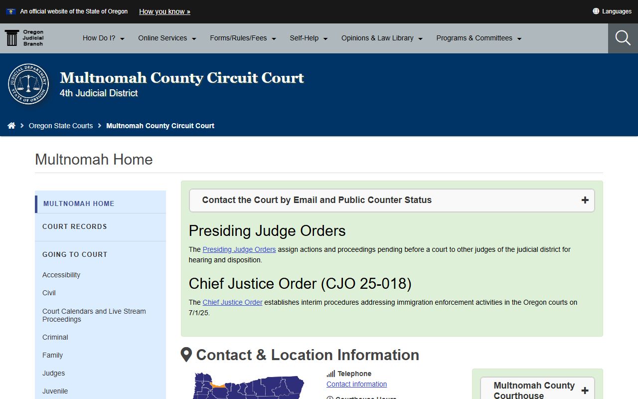 Multnomah County Circuit Court website for criminal court records in Multnomah County Oregon