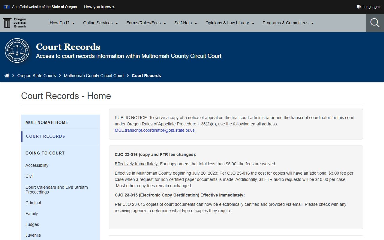 Multnomah County records page for Gresham criminal court records