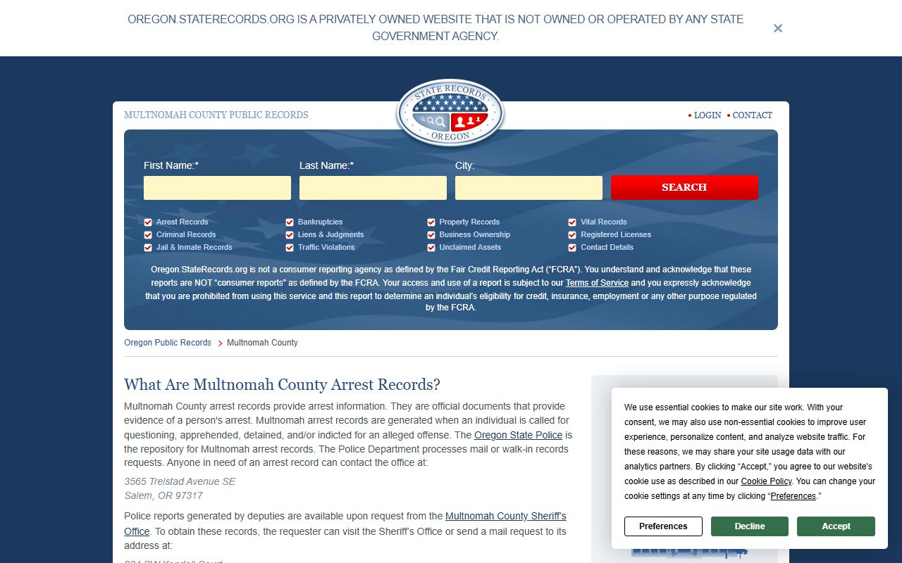 State records portal for Multnomah County criminal court records searches