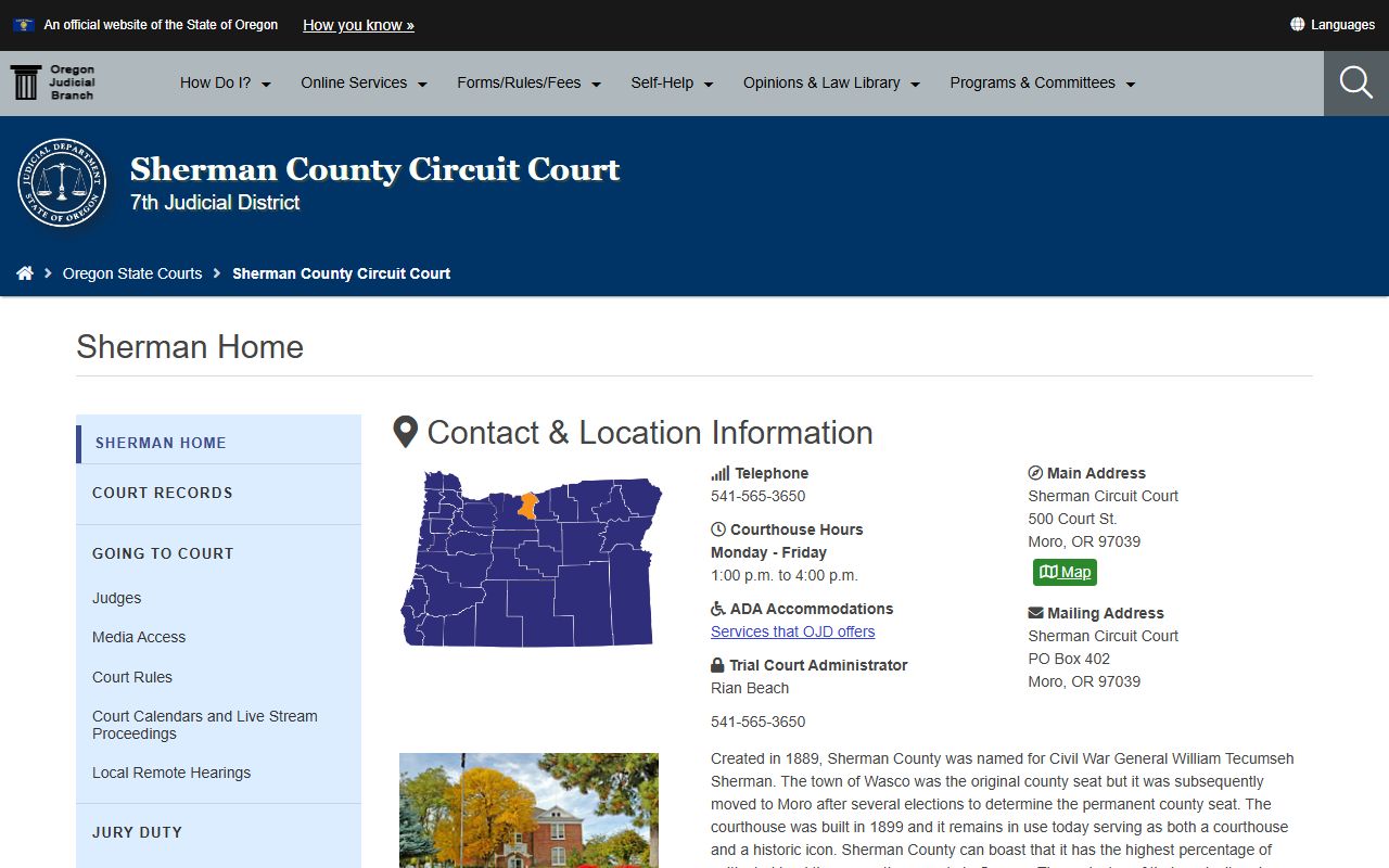 Sherman County Circuit Court website for criminal court records in Sherman County Oregon