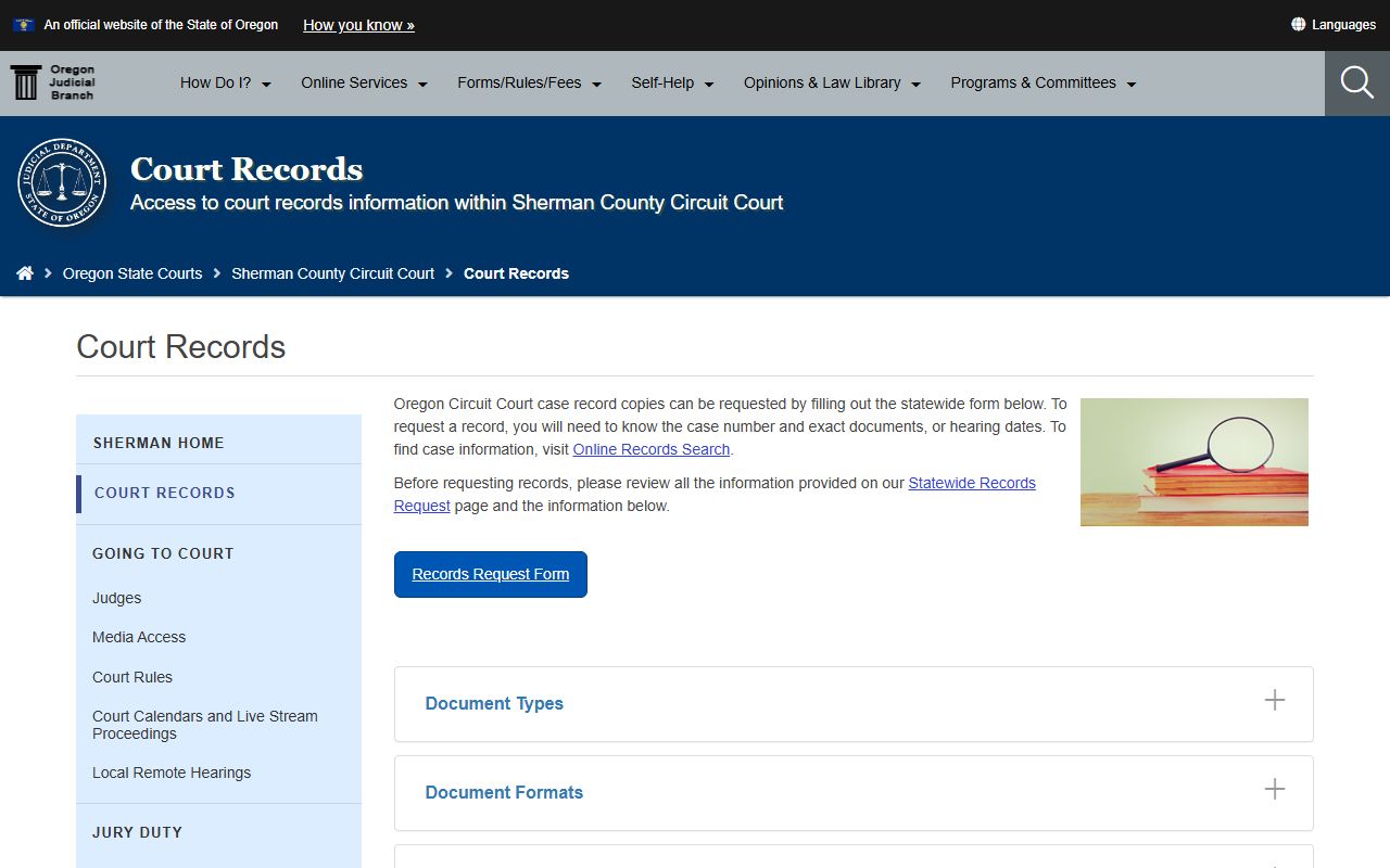 Sherman County court records page for requesting criminal court records