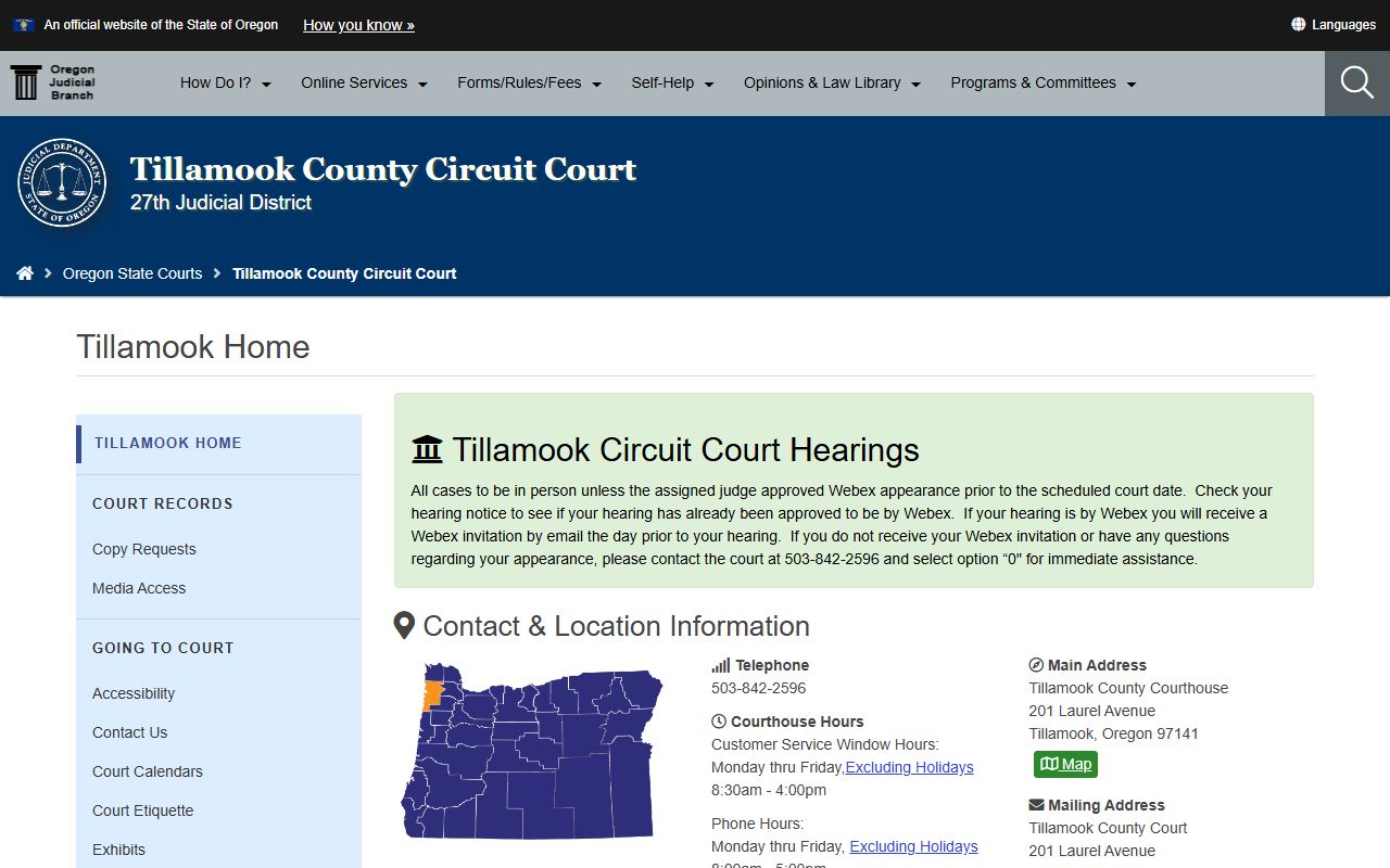 Tillamook County Circuit Court website for criminal court records in Tillamook County Oregon