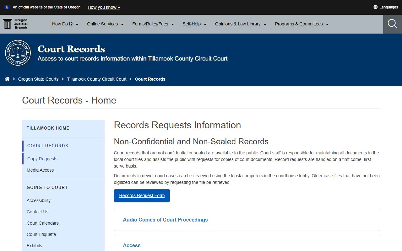 Tillamook County court records page for requesting criminal court records