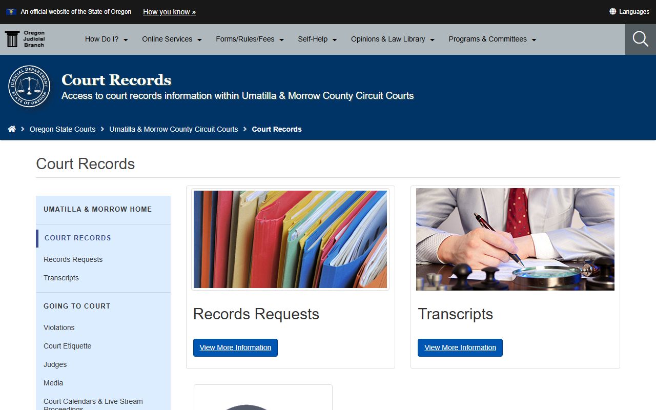 Umatilla County court records page for requesting criminal court records
