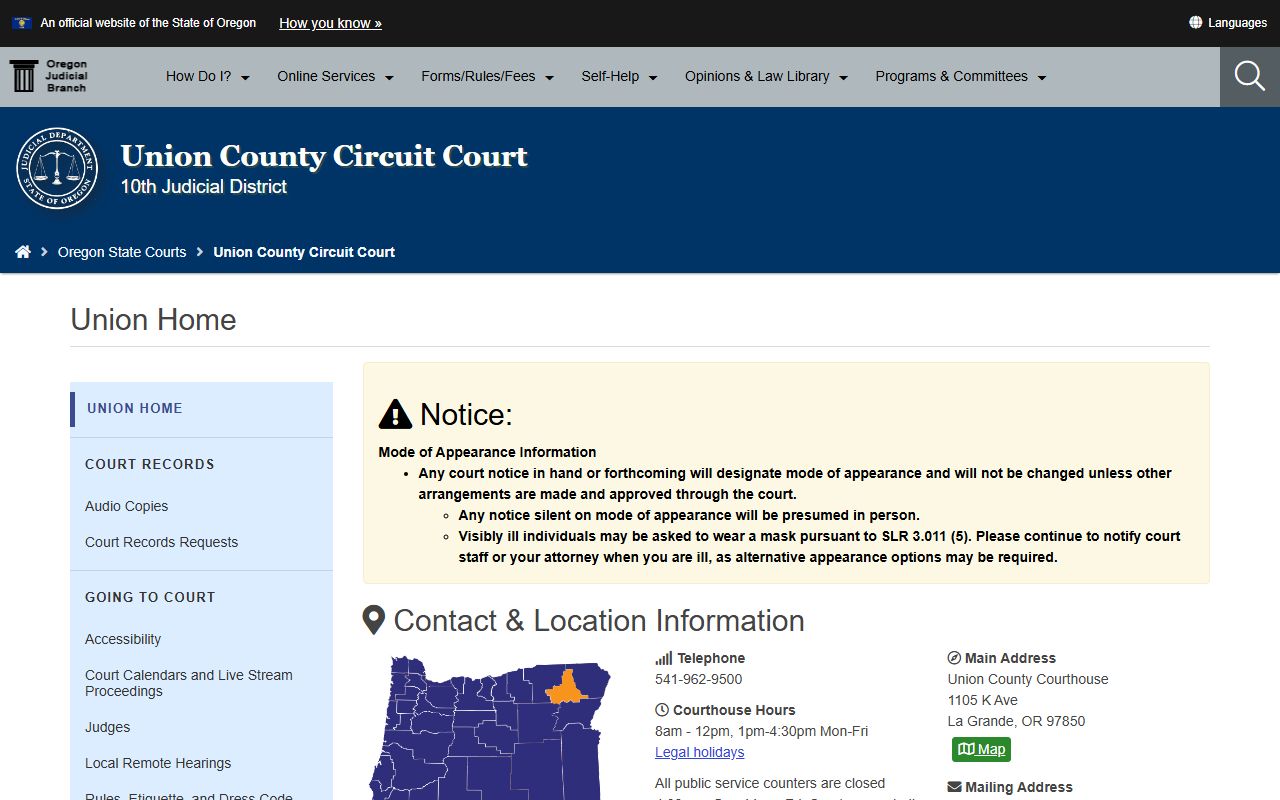 Union County Circuit Court page for criminal court records in Union County Oregon
