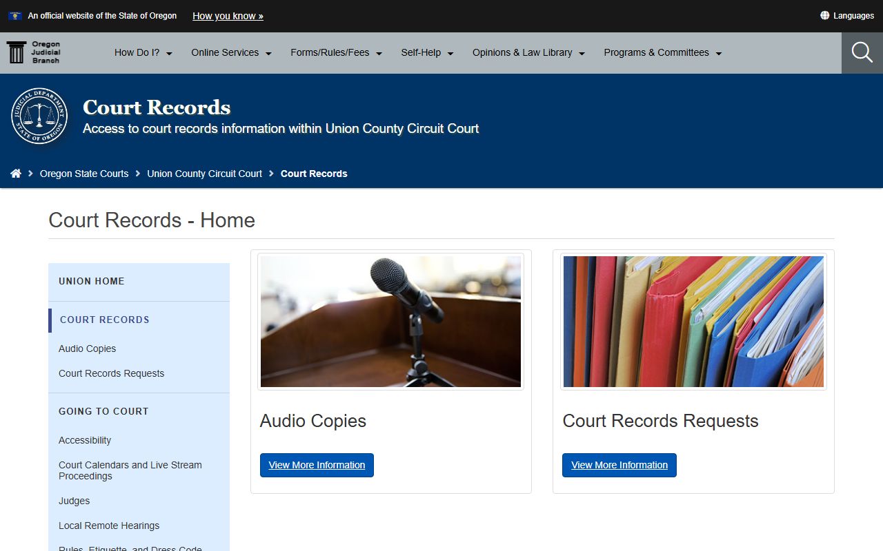 Union County court records page for criminal court records in Union County Oregon