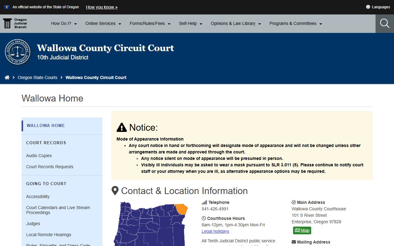 Wallowa County Circuit Court page for criminal court records in Wallowa County Oregon