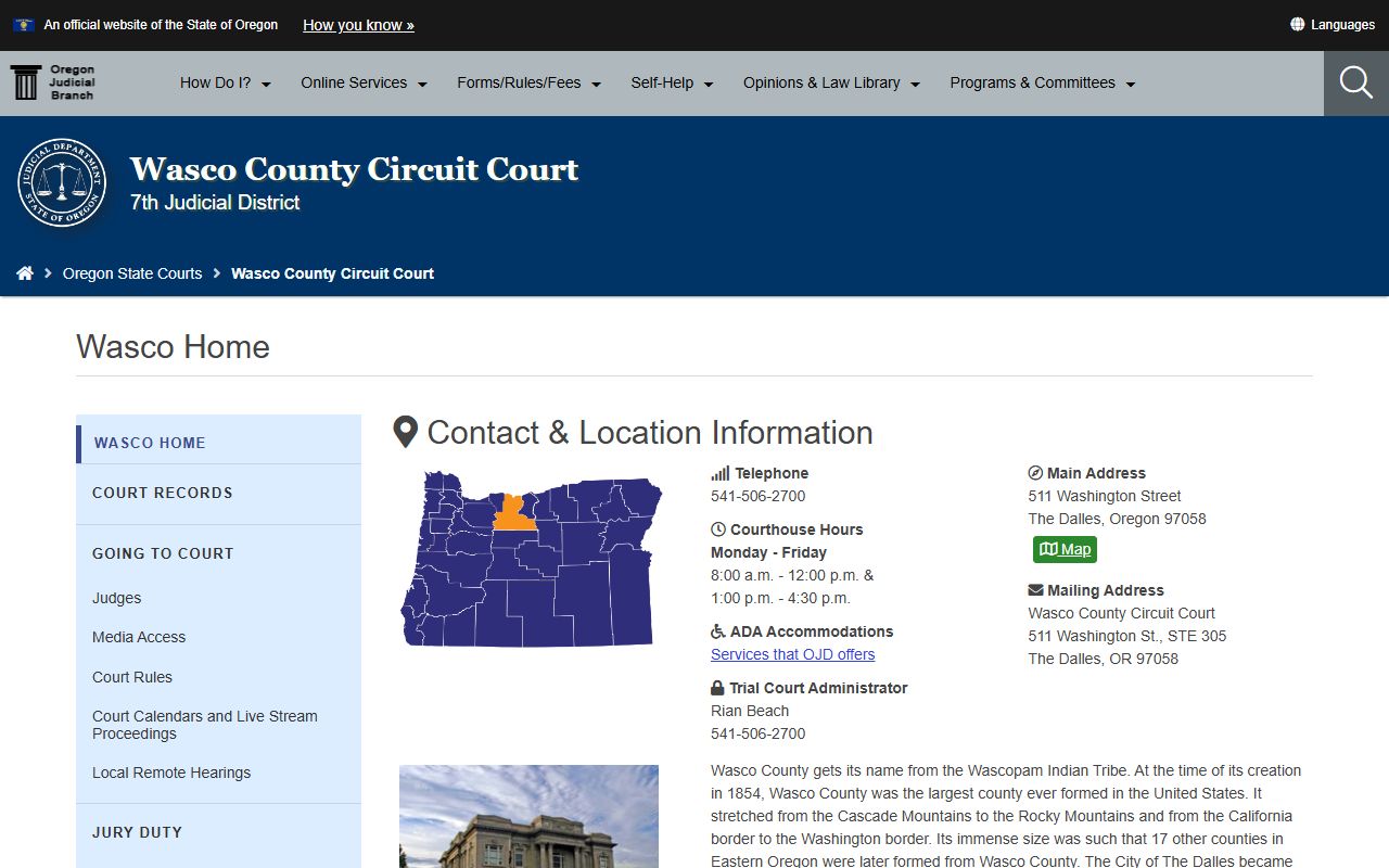 Wasco County Circuit Court page for criminal court records in Wasco County Oregon
