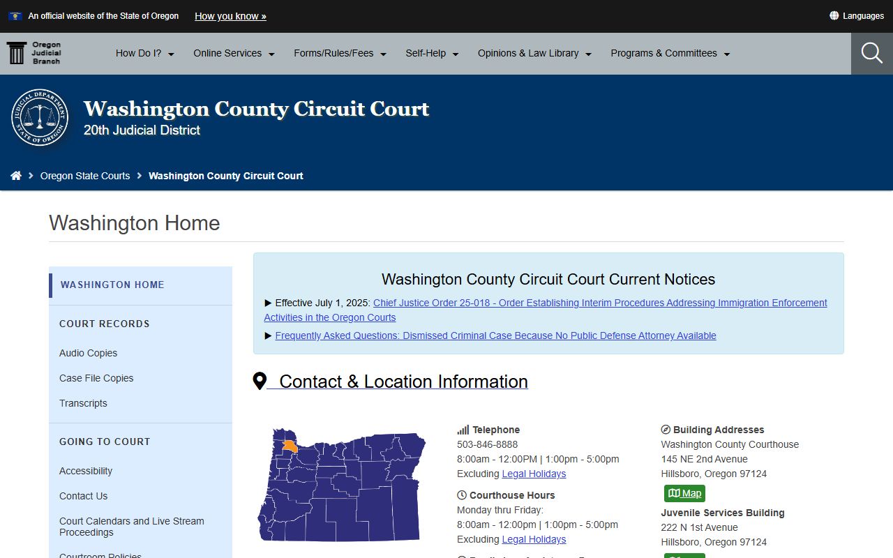 Washington County Circuit Court page for criminal court records in Washington County Oregon