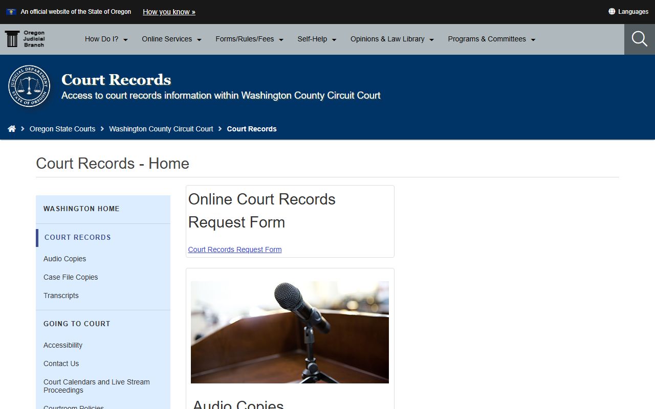 Washington County court records page for criminal court records in Washington County Oregon