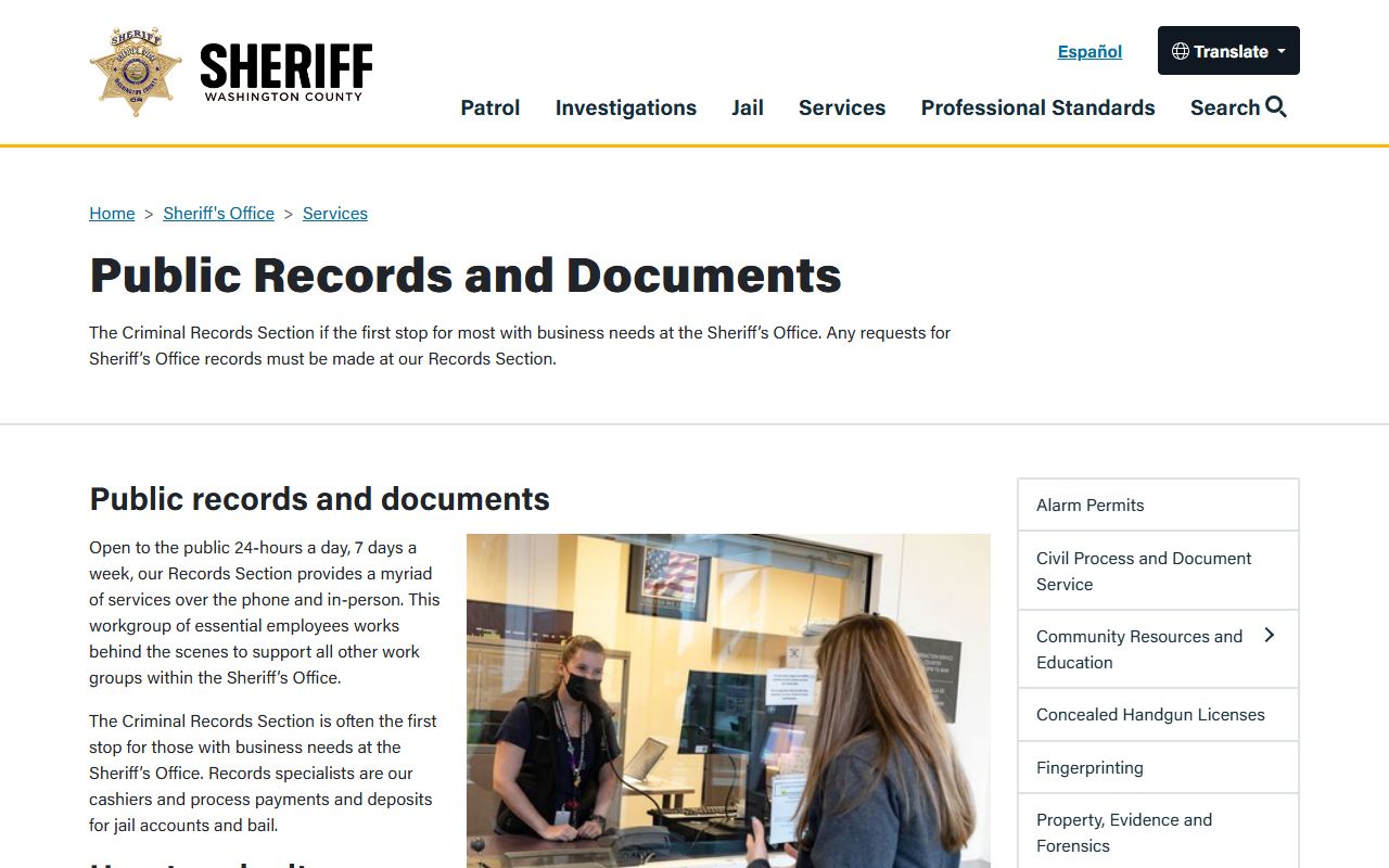 Washington County Sheriff records page for criminal court records in Washington County Oregon