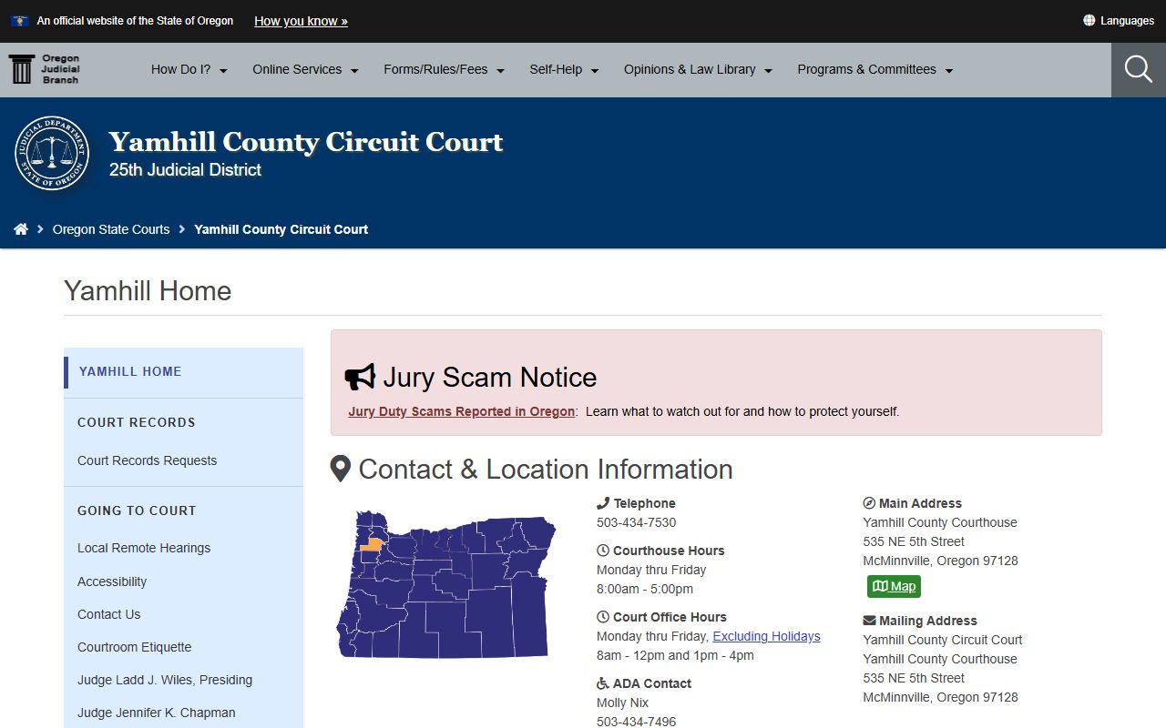 Yamhill County Circuit Court page for criminal court records in Yamhill County Oregon