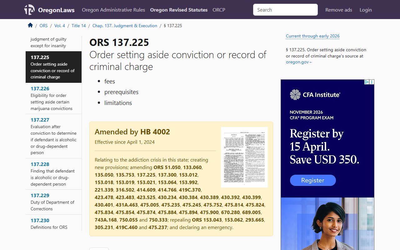 Oregon expungement statute ORS 137.225 for criminal court records