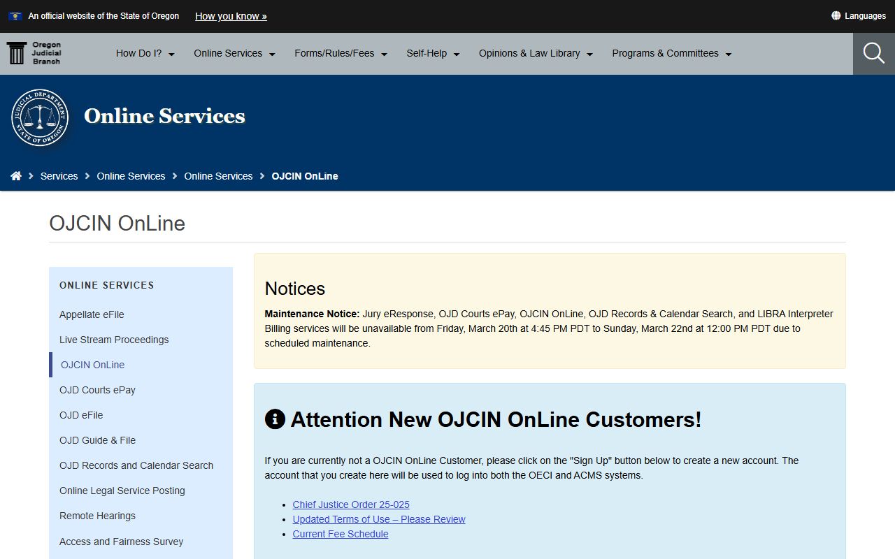 OJCIN subscription portal for Oregon criminal court records access