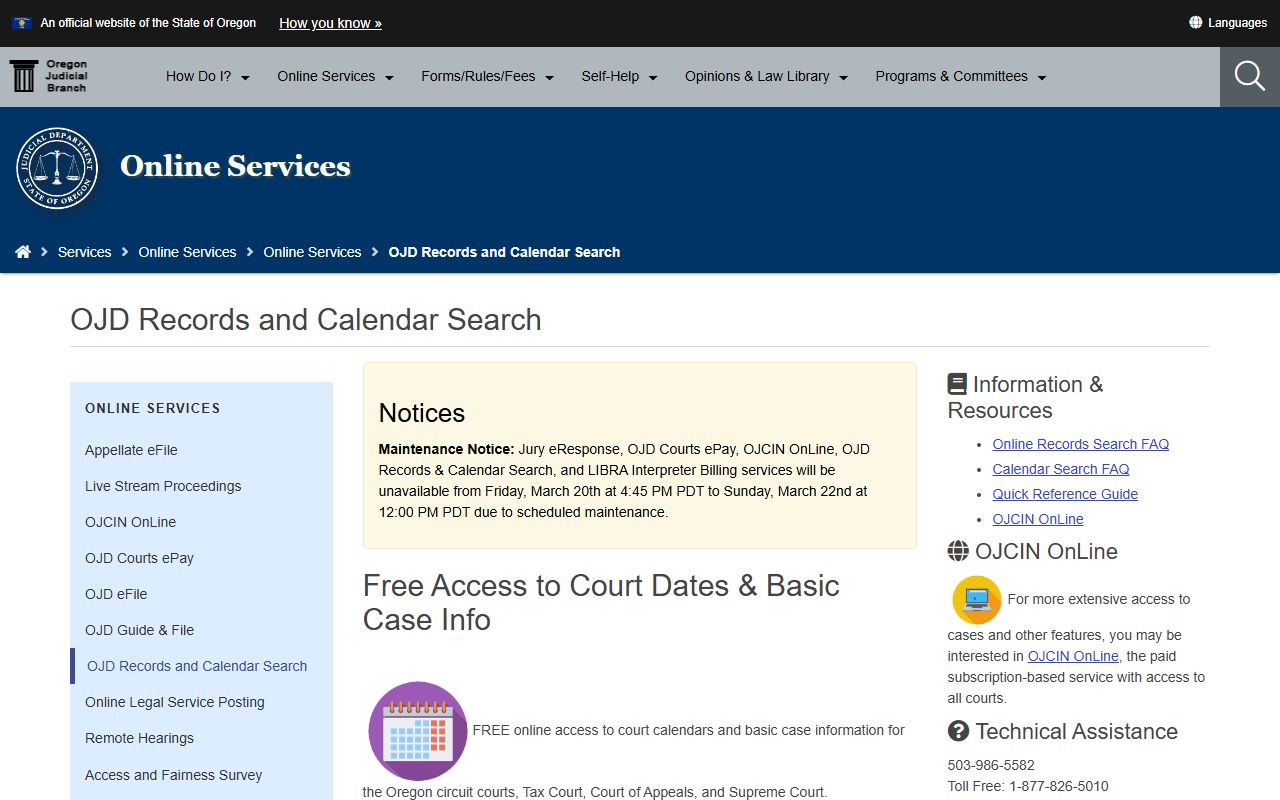 Oregon free criminal court records and calendar search tool
